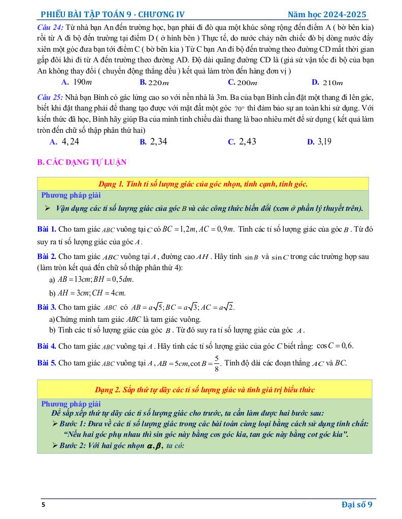 phiếu bài tập toán 9 chương hệ thức lượng trong tam giác vuông 4