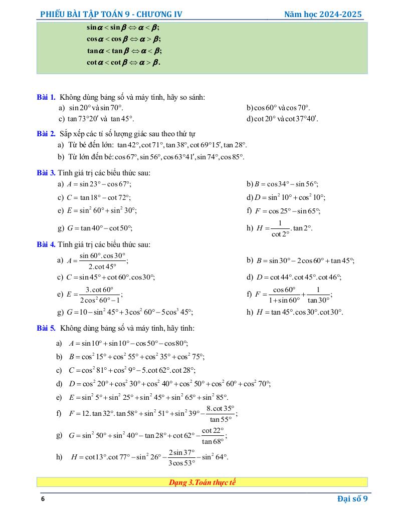 phiếu bài tập toán 9 chương hệ thức lượng trong tam giác vuông 5