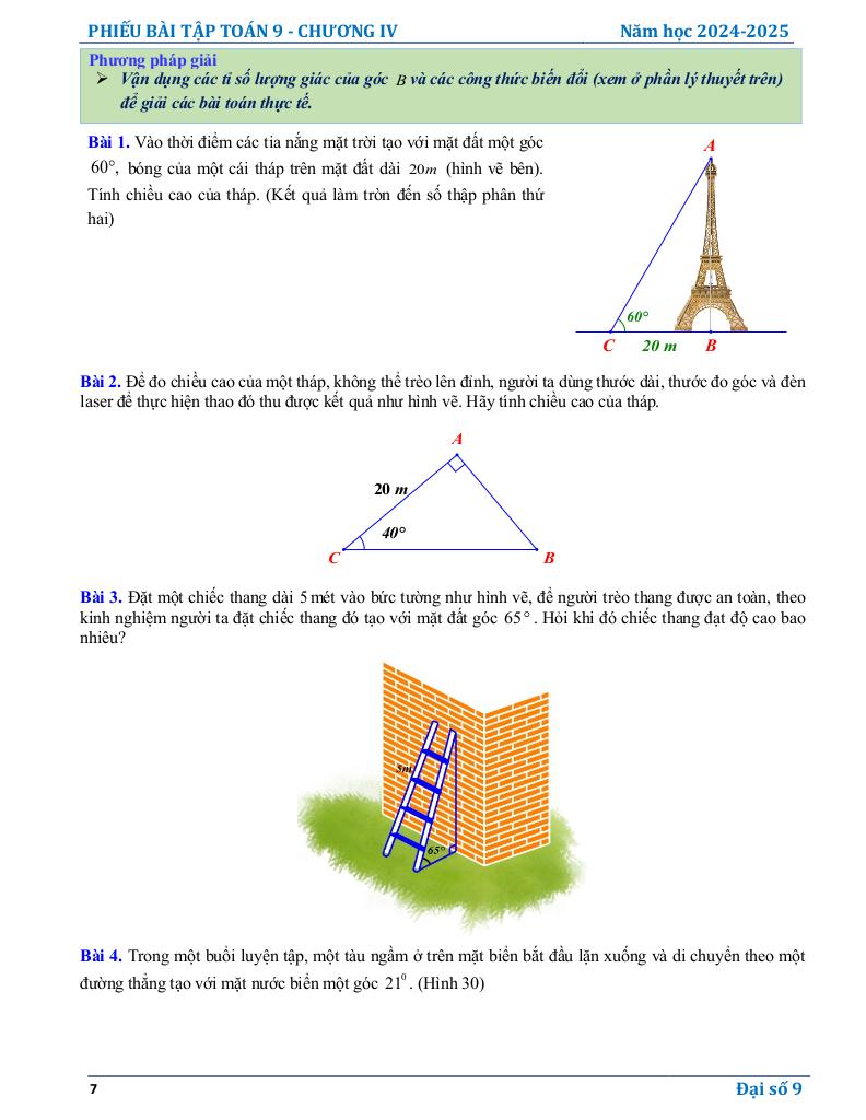 phiếu bài tập toán 9 chương hệ thức lượng trong tam giác vuông 6