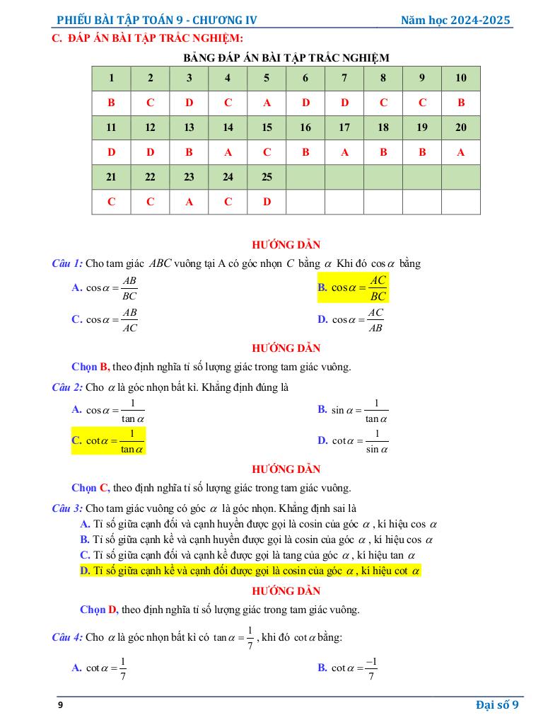 phiếu bài tập toán 9 chương hệ thức lượng trong tam giác vuông 8