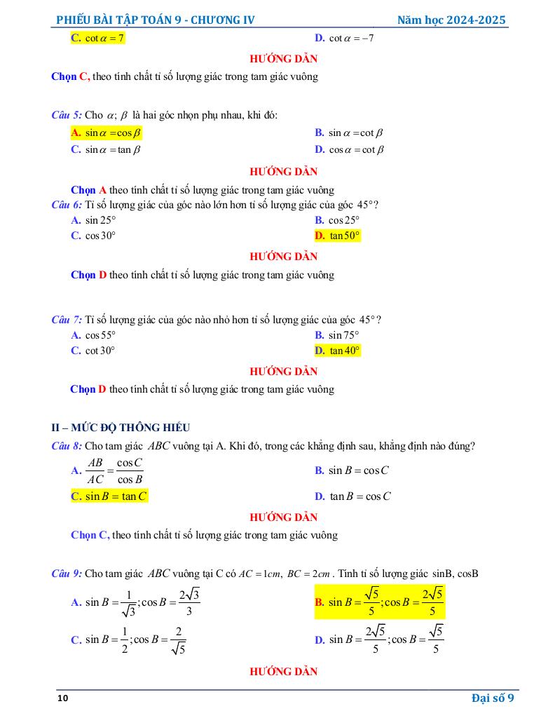 phiếu bài tập toán 9 chương hệ thức lượng trong tam giác vuông 9