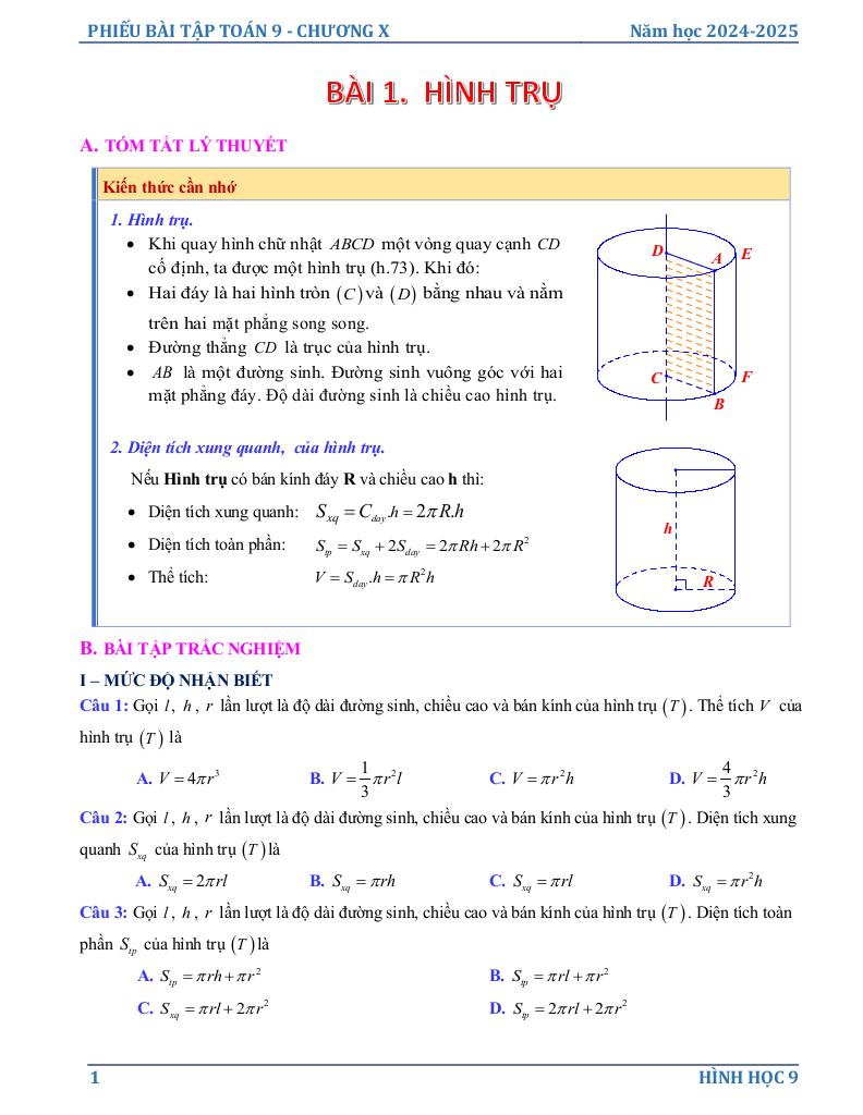 phiếu bài tập toán 9 chương hình học trực quan 0