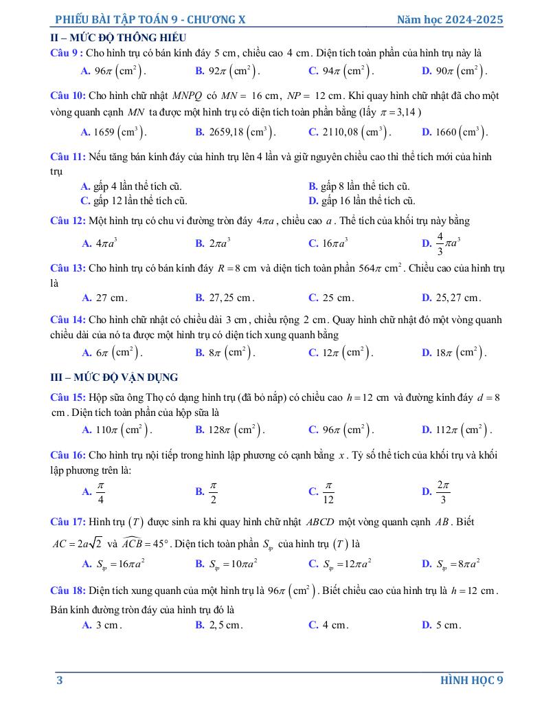 phiếu bài tập toán 9 chương hình học trực quan 2