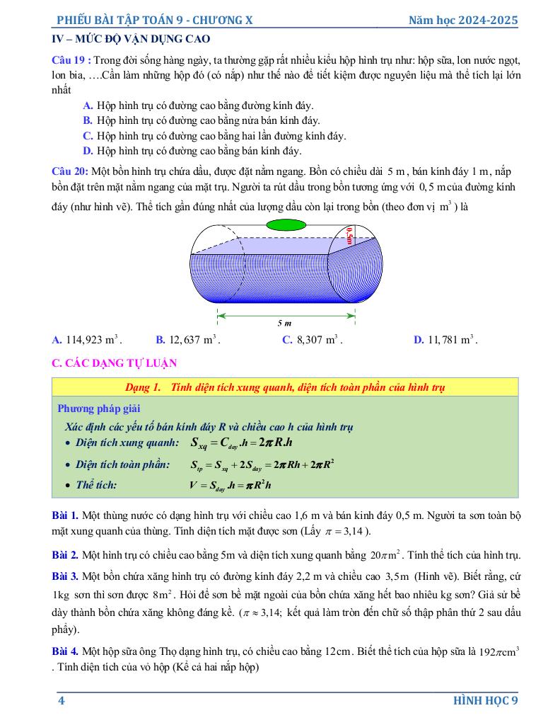 phiếu bài tập toán 9 chương hình học trực quan 3