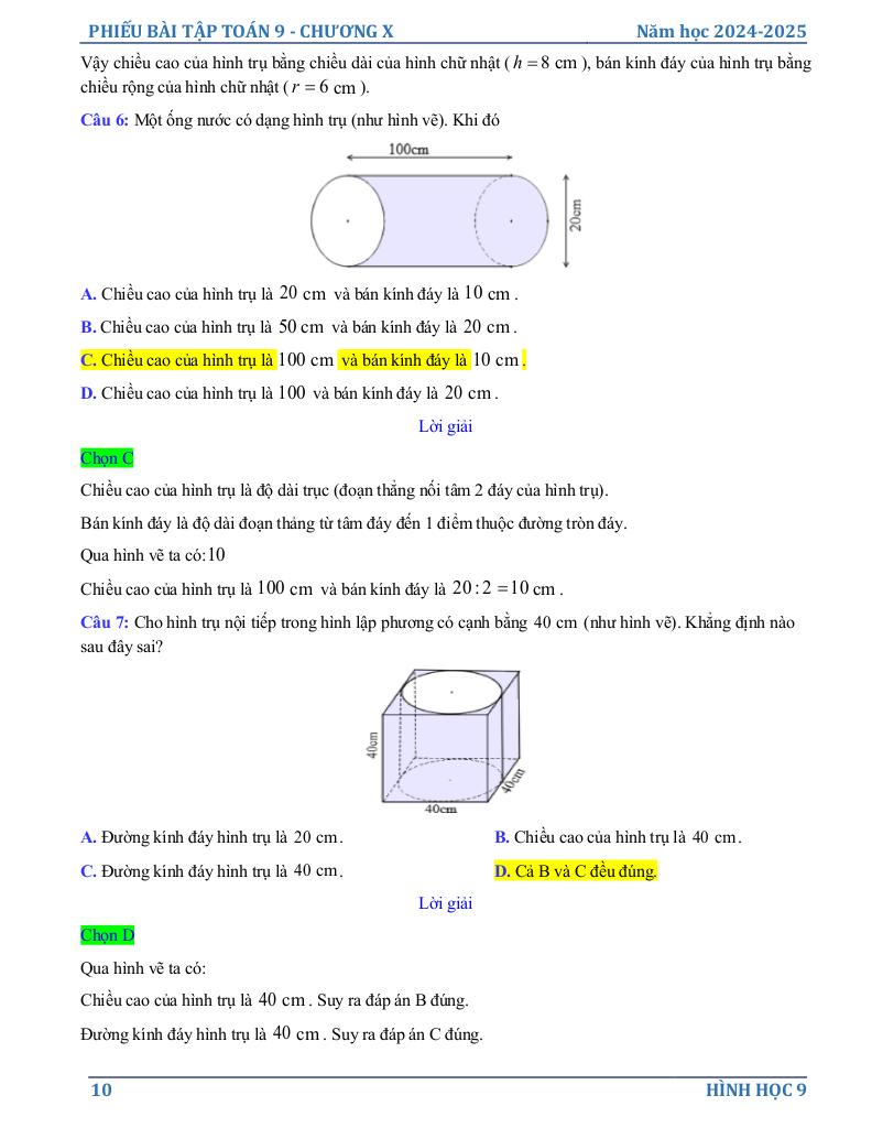 phiếu bài tập toán 9 chương hình học trực quan 9