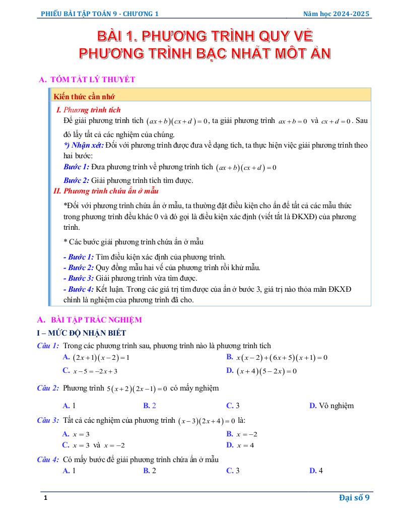 phiếu bài tập toán 9 chương phương trình và hệ phương trình bậc nhất 0