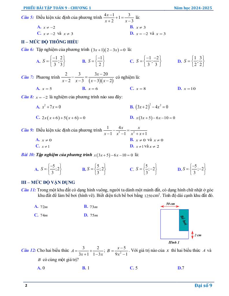 phiếu bài tập toán 9 chương phương trình và hệ phương trình bậc nhất 1