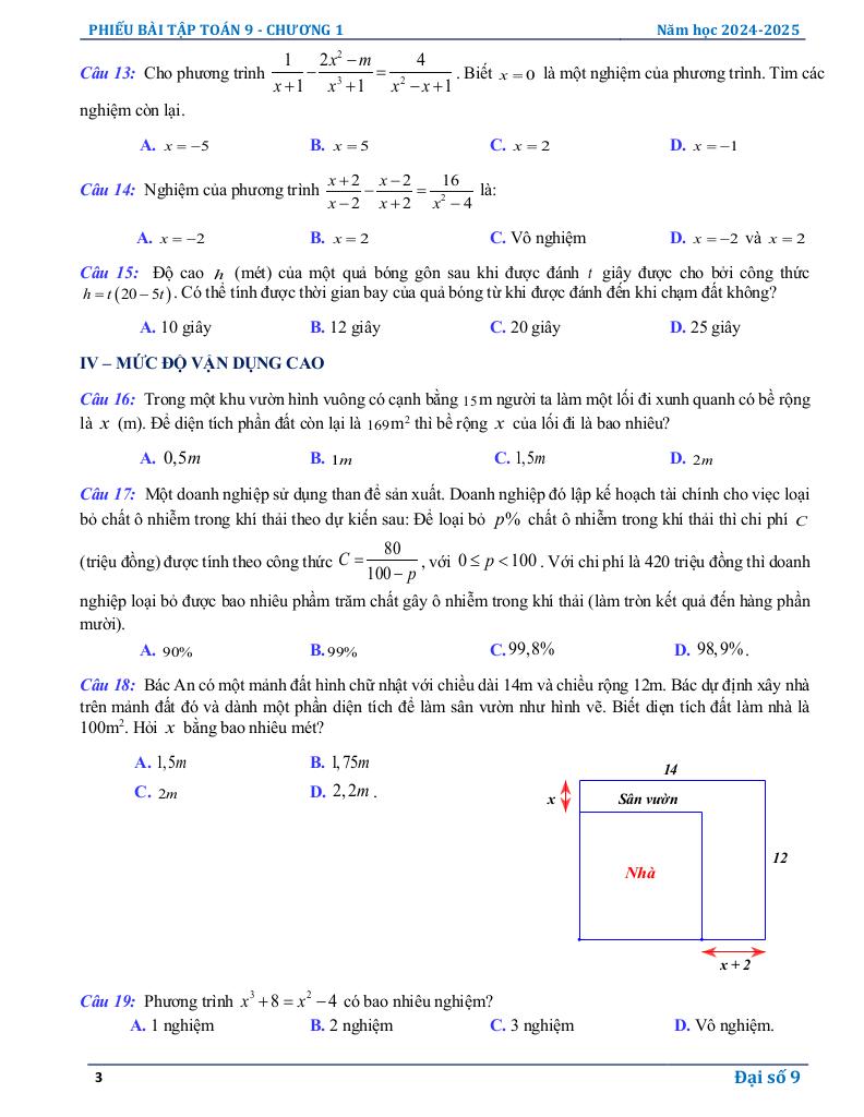 phiếu bài tập toán 9 chương phương trình và hệ phương trình bậc nhất 2