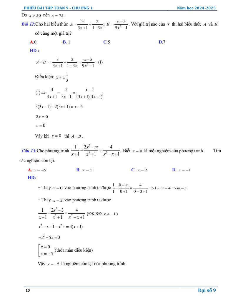 phiếu bài tập toán 9 chương phương trình và hệ phương trình bậc nhất 9
