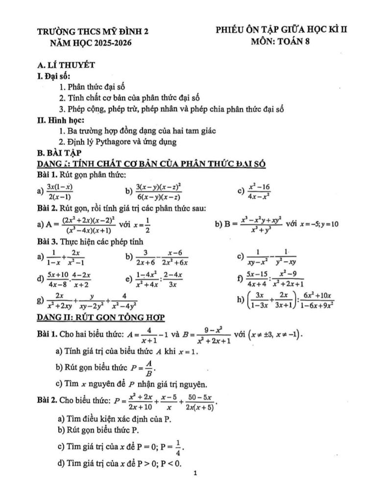 phiếu ôn tập giữa kì 2 toán 8 năm 2025 – 2026 trường thcs mỹ đình 2 – hà nội - hình 1