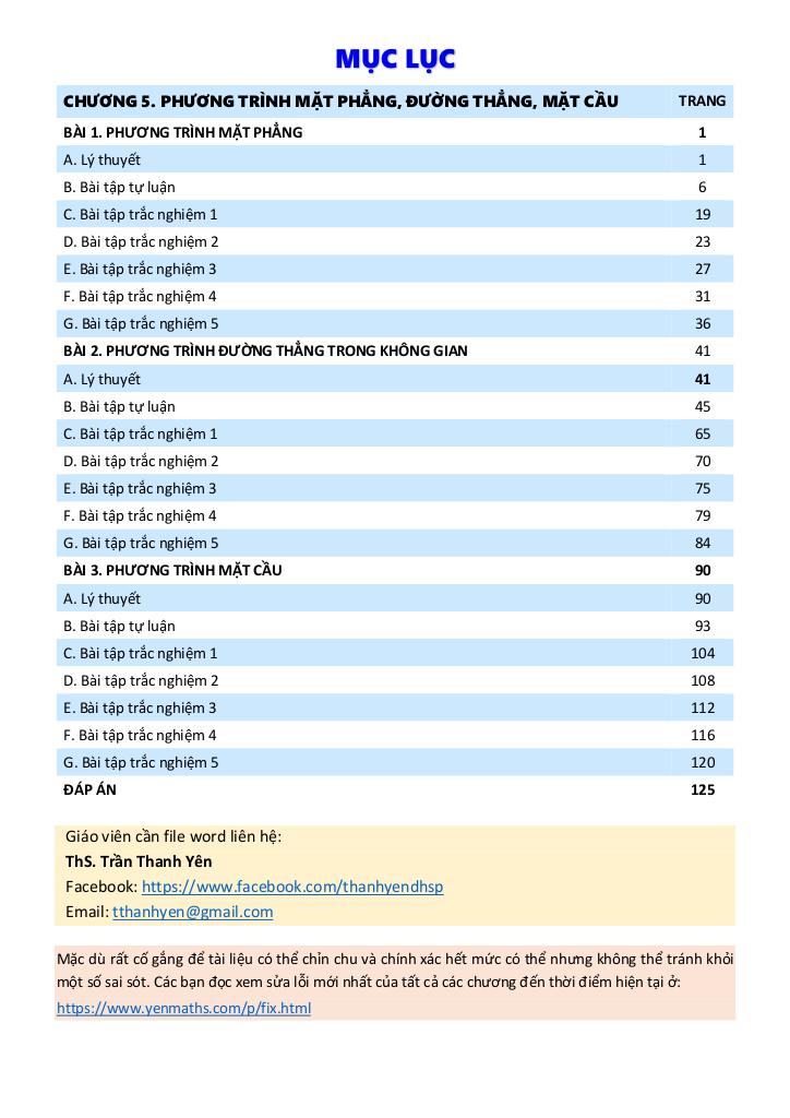 phương trình mặt phẳng, đường thẳng, mặt cầu toán 12 ctst – trần thanh yên 1
