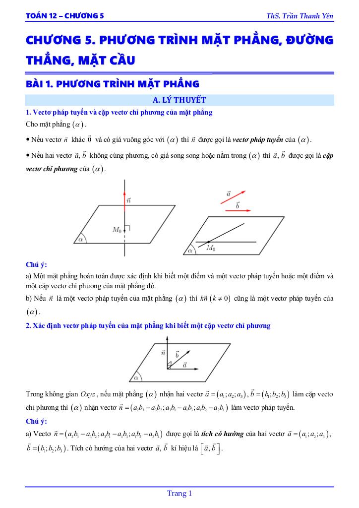 phương trình mặt phẳng, đường thẳng, mặt cầu toán 12 ctst – trần thanh yên 2