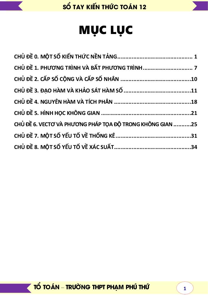 sổ tay kiến thức 8 chủ đề trọng tâm ôn thi tn thpt môn toán 2