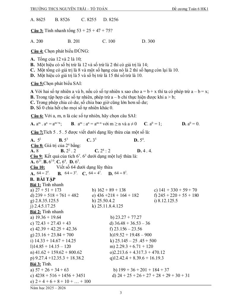 tài liệu học tập môn toán 6 học kì 1 năm học 2025 – 2026 3