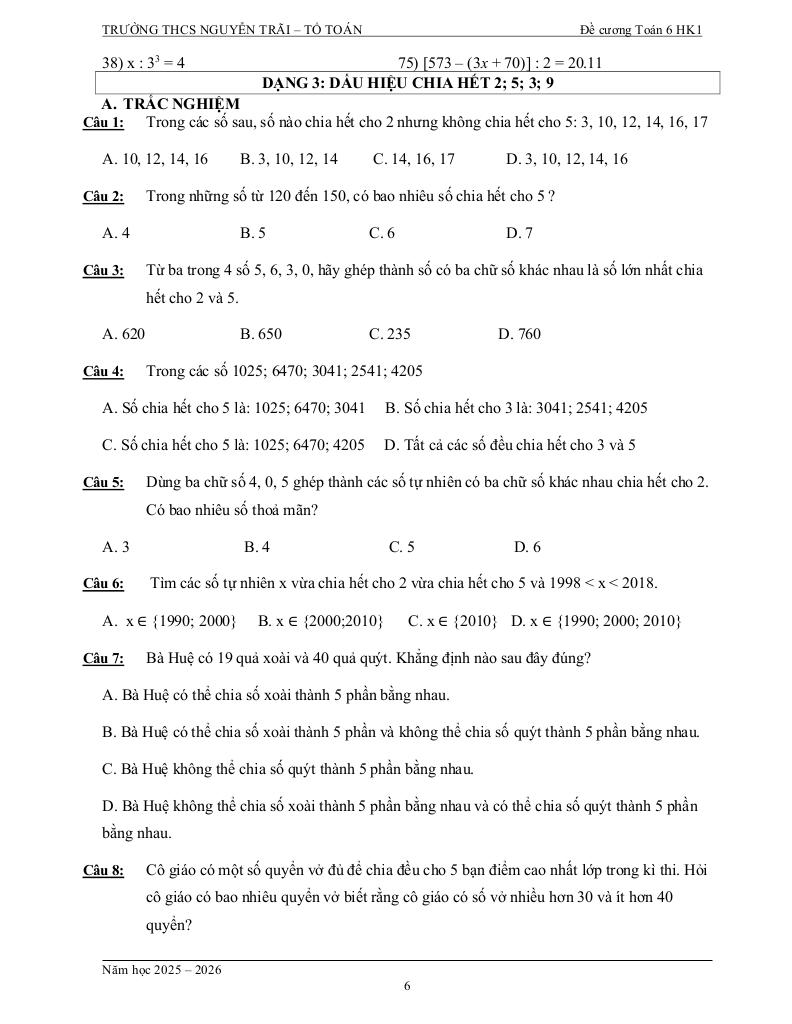 tài liệu học tập môn toán 6 học kì 1 năm học 2025 – 2026 6