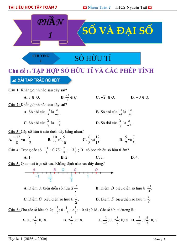 tài liệu học tập môn toán 7 học kì 1 năm học 2025 – 2026 1