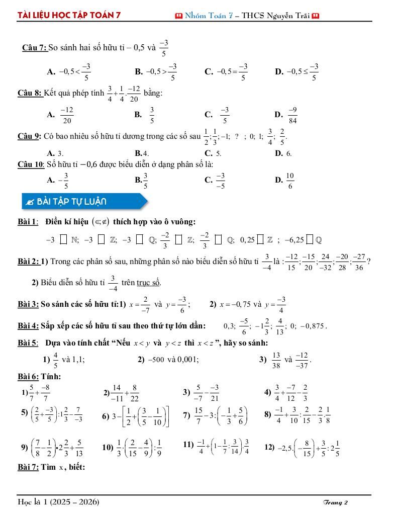 tài liệu học tập môn toán 7 học kì 1 năm học 2025 – 2026 2