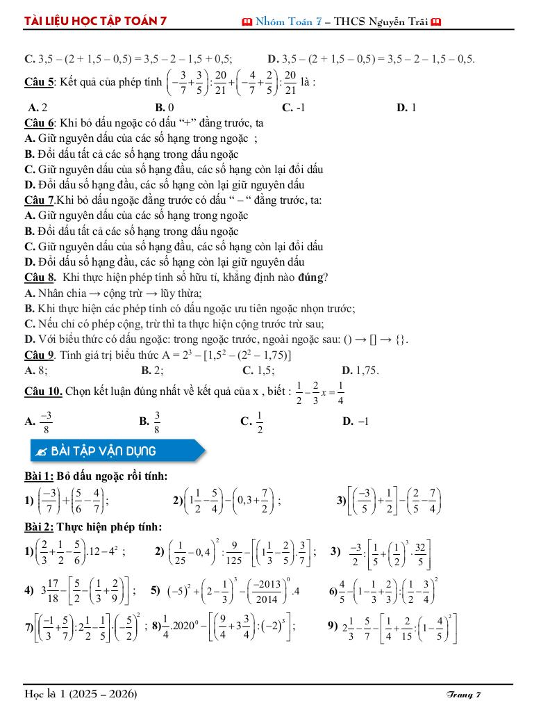 tài liệu học tập môn toán 7 học kì 1 năm học 2025 – 2026 7