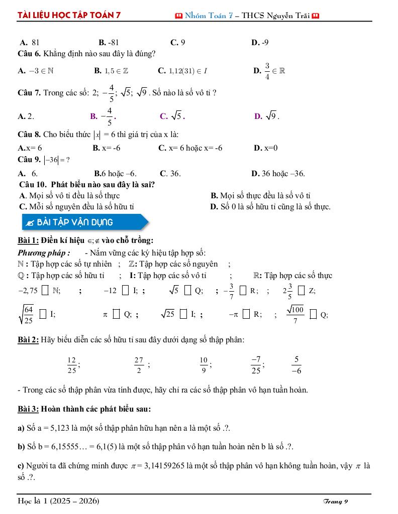 tài liệu học tập môn toán 7 học kì 1 năm học 2025 – 2026 9