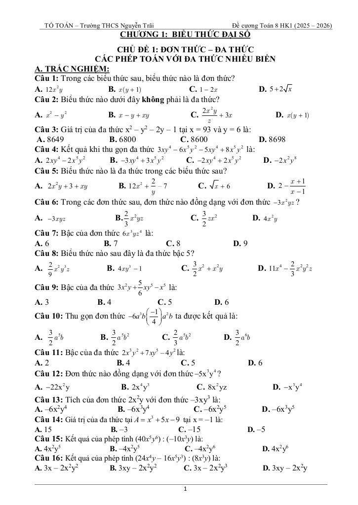 tài liệu học tập môn toán 8 học kì 1 năm học 2025 – 2026 1