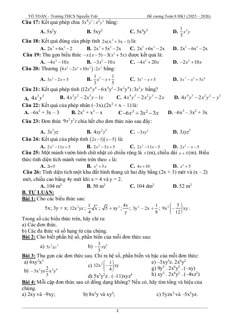 tài liệu học tập môn toán 8 học kì 1 năm học 2025 – 2026 2