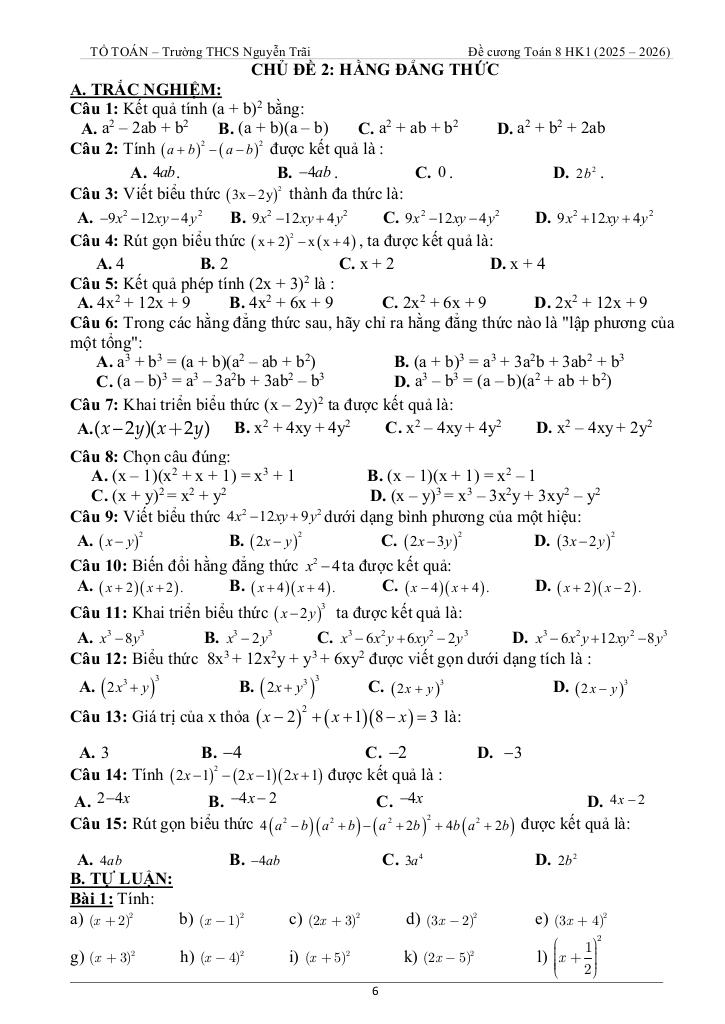 tài liệu học tập môn toán 8 học kì 1 năm học 2025 – 2026 6