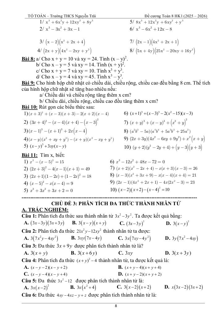 tài liệu học tập môn toán 8 học kì 1 năm học 2025 – 2026 8