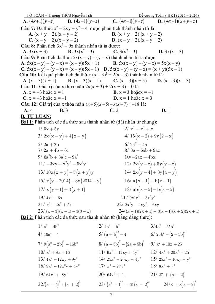 tài liệu học tập môn toán 8 học kì 1 năm học 2025 – 2026 9