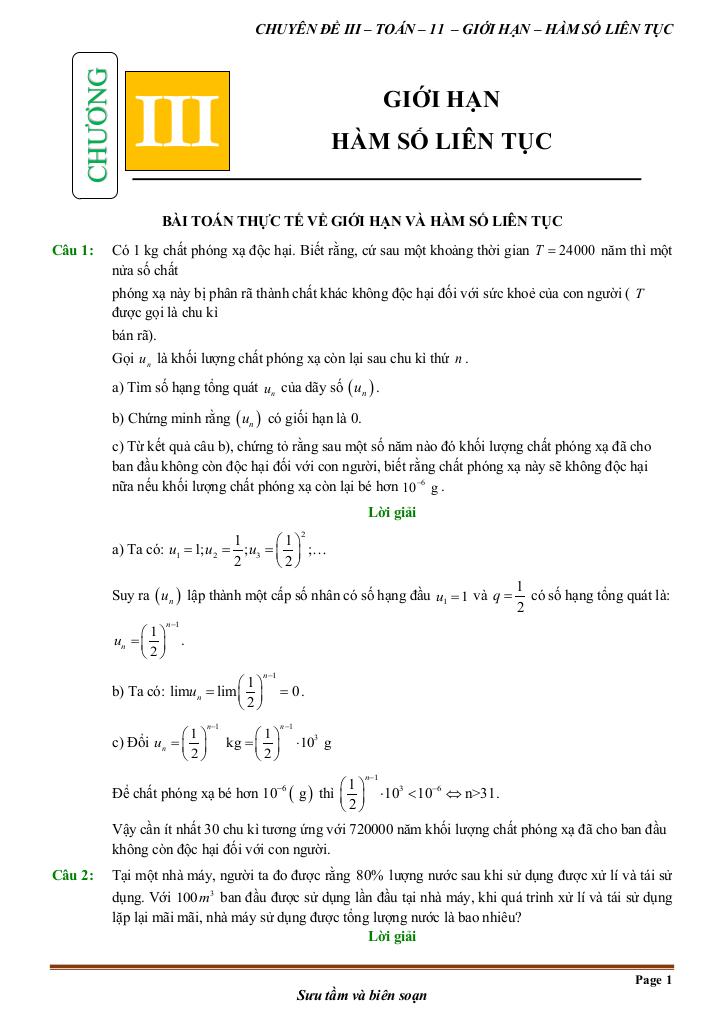 toán thực tế giới hạn, hàm số liên tục toán 11 0