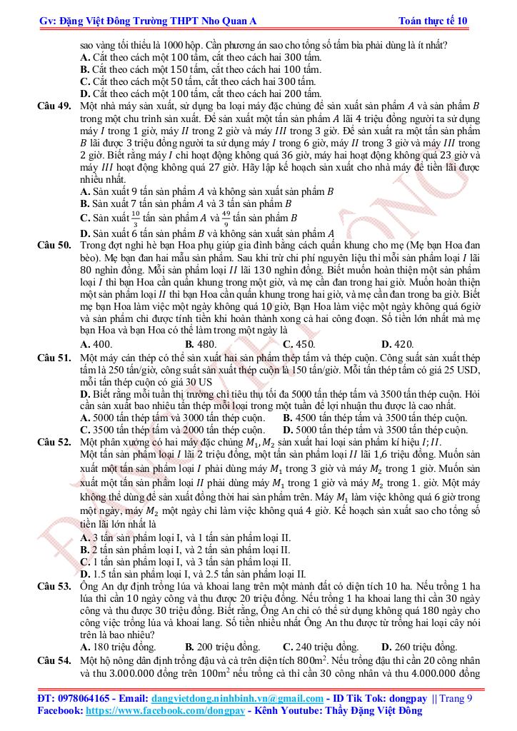 toán thực tế hệ bất phương trình bậc nhất hai ẩn – đặng việt đông 8