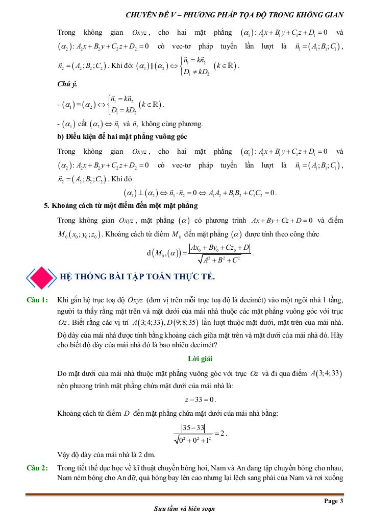 toán thực tế phương pháp tọa độ trong không gian toán 12 8