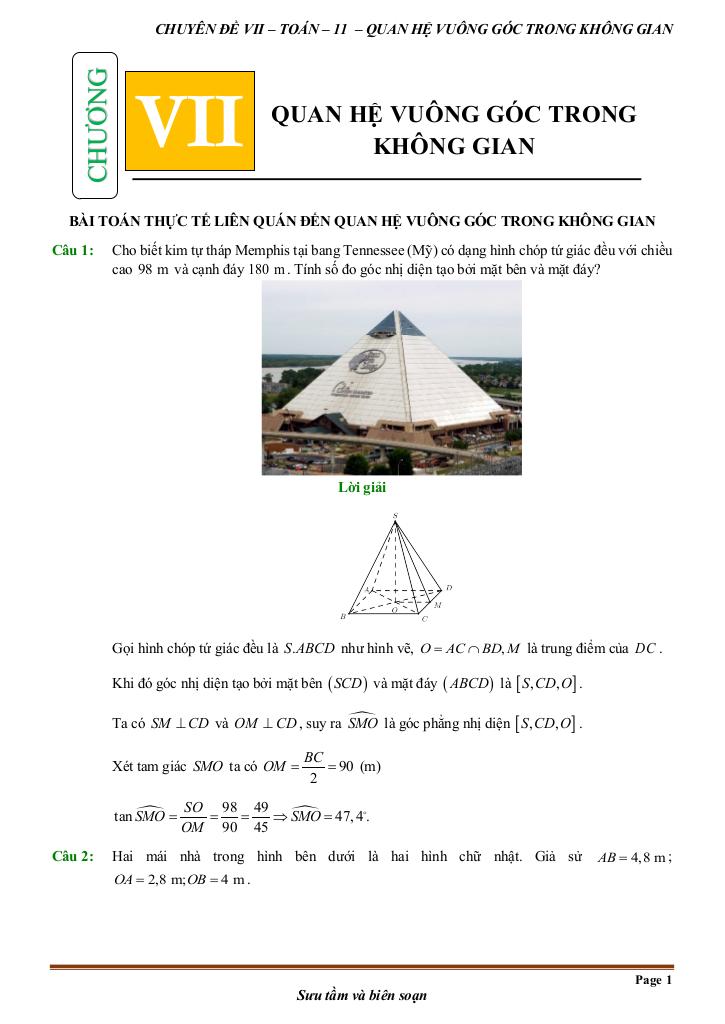 toán thực tế quan hệ vuông góc trong không gian toán 11 0