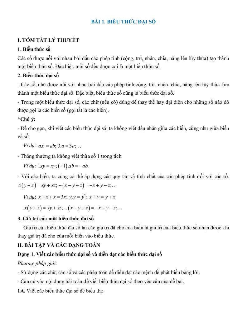 tóm tắt lý thuyết và các dạng bài tập biểu thức đại số và đa thức một biến toán 7 0
