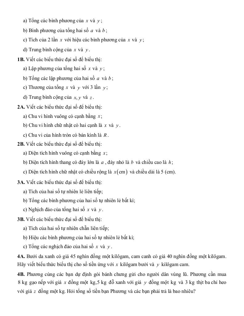 tóm tắt lý thuyết và các dạng bài tập biểu thức đại số và đa thức một biến toán 7 1