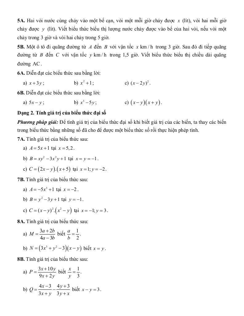 tóm tắt lý thuyết và các dạng bài tập biểu thức đại số và đa thức một biến toán 7 2