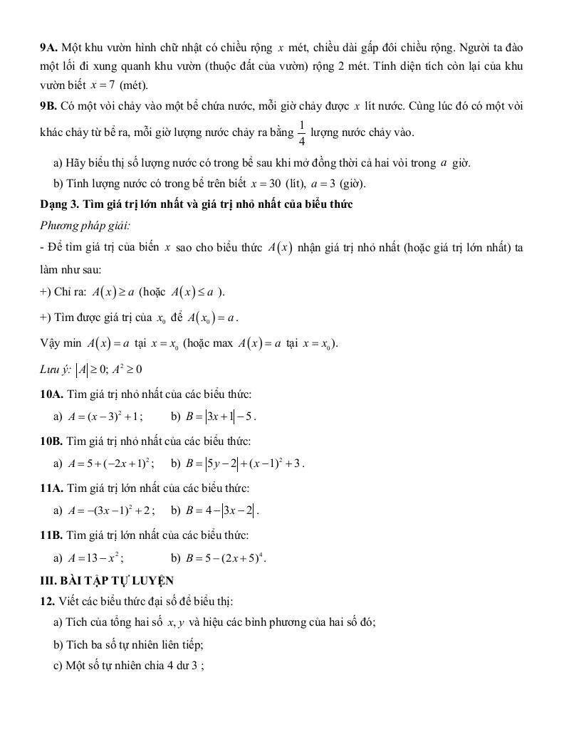 tóm tắt lý thuyết và các dạng bài tập biểu thức đại số và đa thức một biến toán 7 3