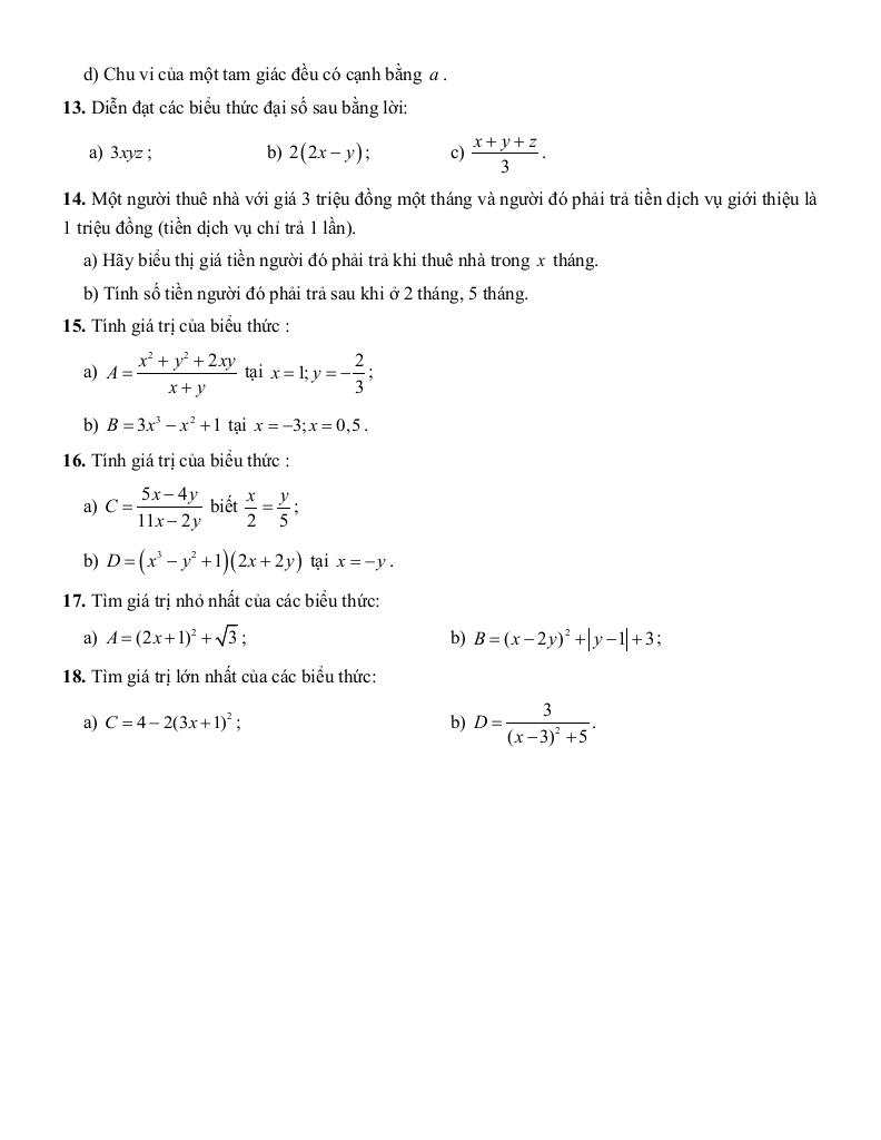 tóm tắt lý thuyết và các dạng bài tập biểu thức đại số và đa thức một biến toán 7 4