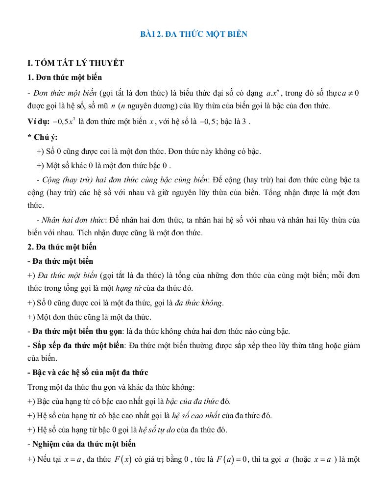 tóm tắt lý thuyết và các dạng bài tập biểu thức đại số và đa thức một biến toán 7 9