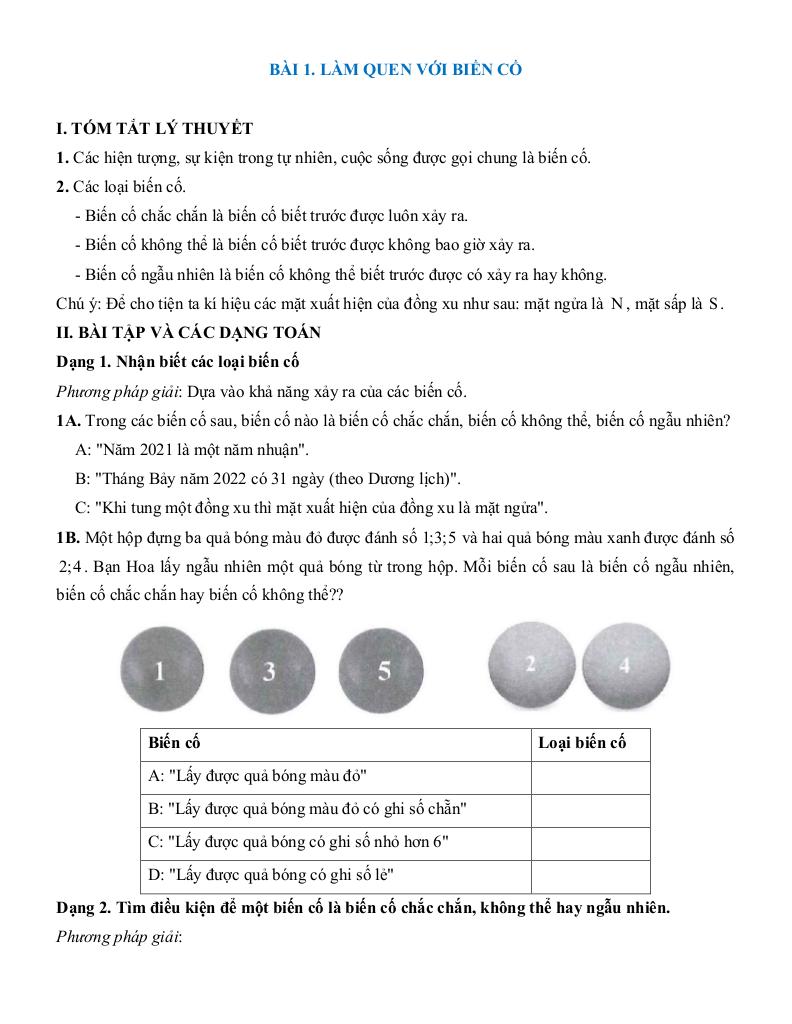 tóm tắt lý thuyết và các dạng bài tập làm quen với biến cố và xác suất của biến cố 0