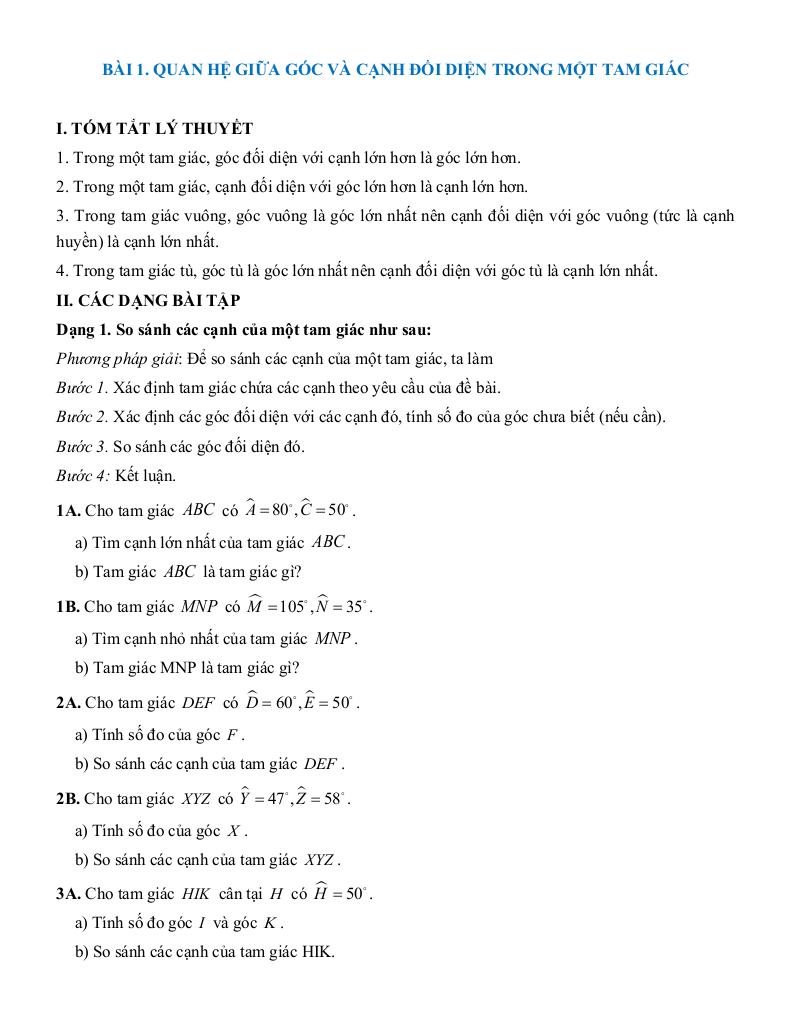 tóm tắt lý thuyết và các dạng bài tập quan hệ giữa các yếu tố trong một tam giác 0