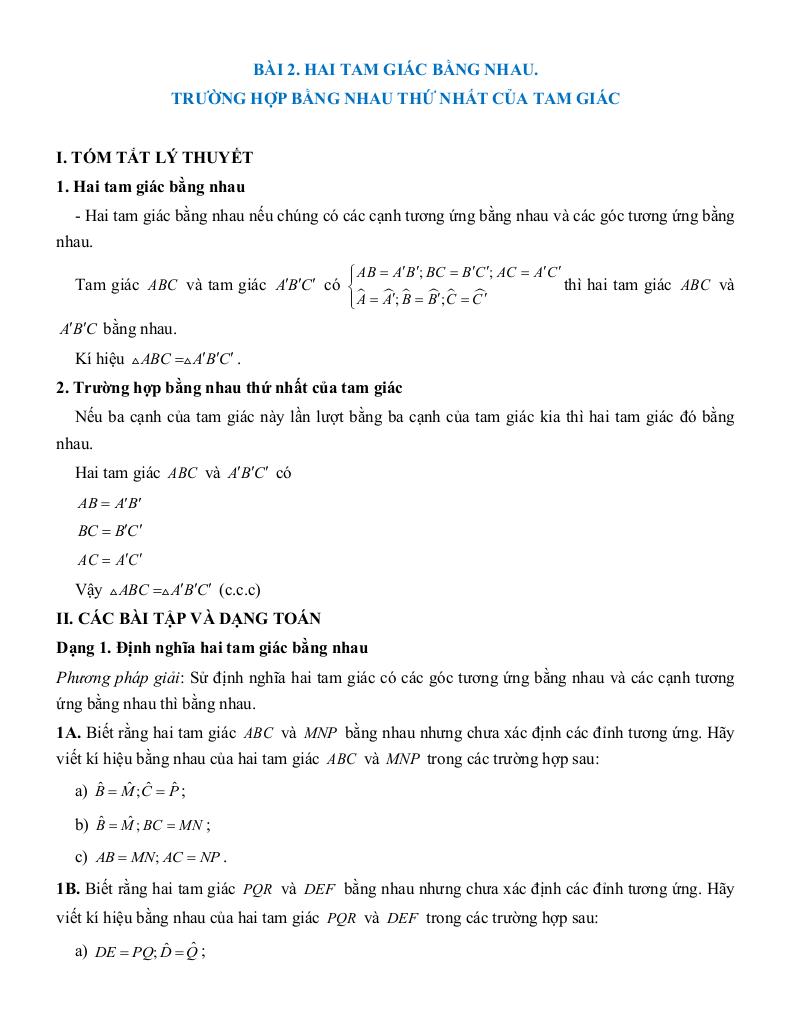 tóm tắt lý thuyết và các dạng bài tập tam giác bằng nhau toán 7 8