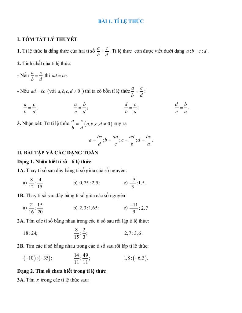 tóm tắt lý thuyết và các dạng bài tập tỉ lệ thức và đại lượng tỉ lệ toán 7 0