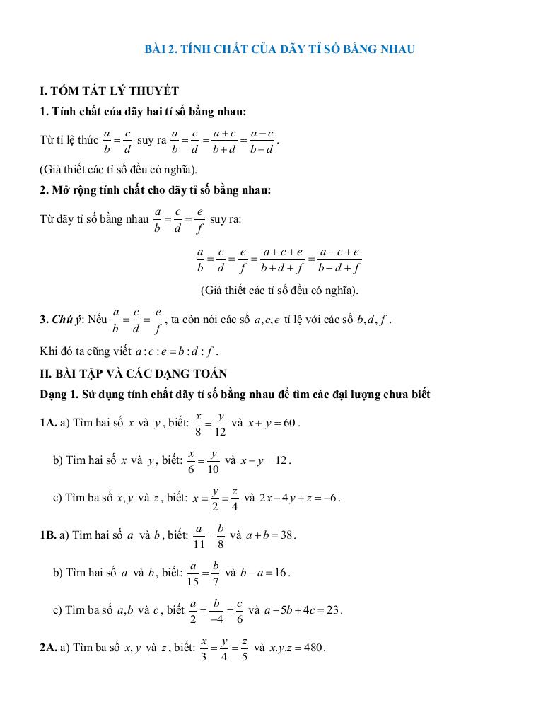 tóm tắt lý thuyết và các dạng bài tập tỉ lệ thức và đại lượng tỉ lệ toán 7 5