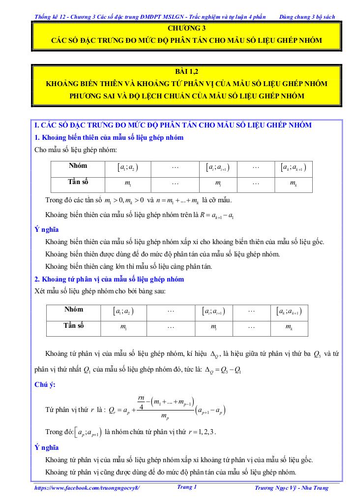 trắc nghiệm và tự luận các số đặc trưng đo mức độ phân tán mẫu số liệu ghép nhóm 0