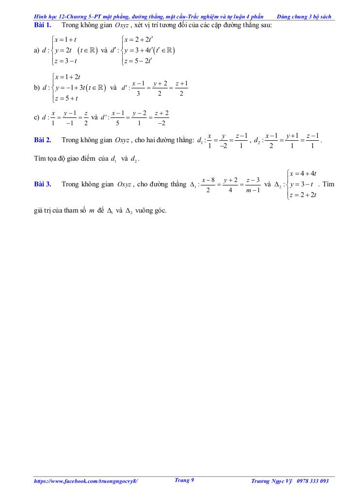 trắc nghiệm và tự luận chủ đề phương trình đường thẳng trong không gian 8