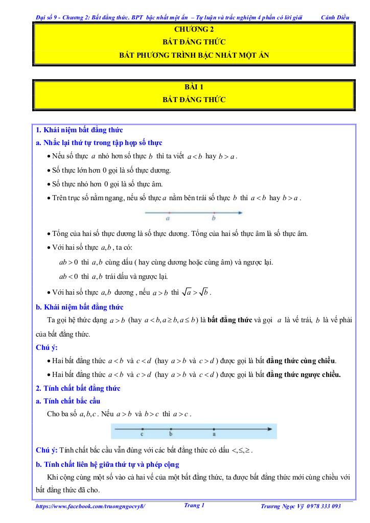 tự luận và trắc nghiệm bất đẳng thức, bất phương trình bậc nhất một ẩn toán 9 cánh diều 0