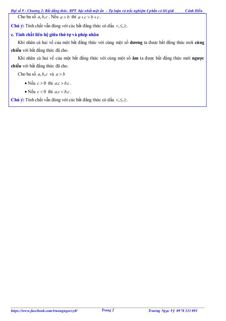 tự luận và trắc nghiệm bất đẳng thức, bất phương trình bậc nhất một ẩn toán 9 cánh diều 1
