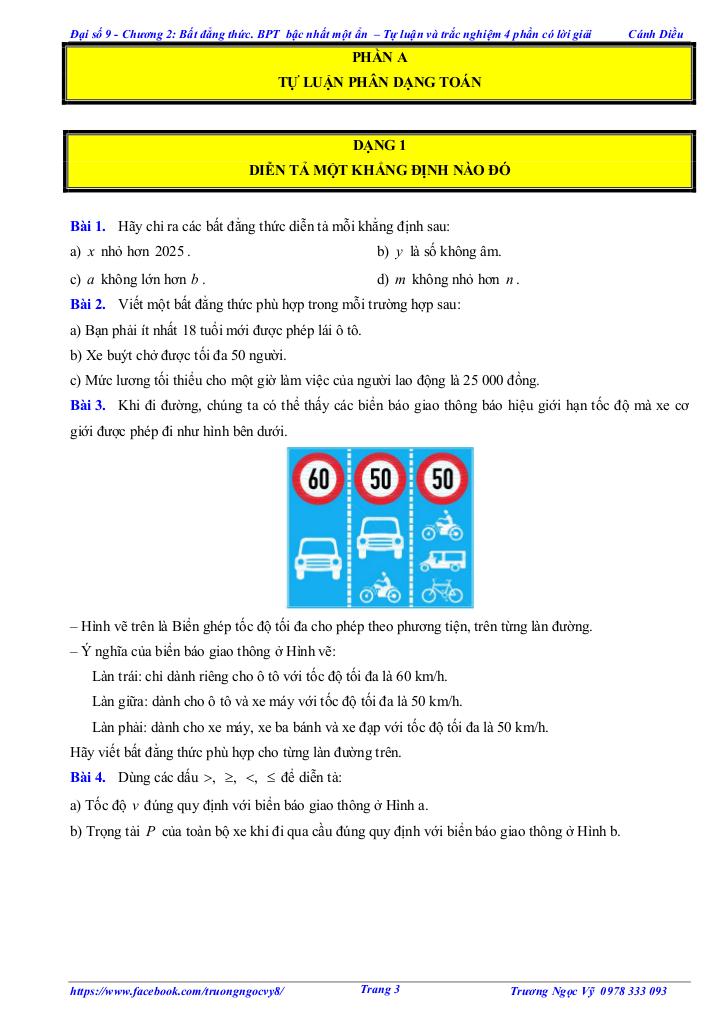 tự luận và trắc nghiệm bất đẳng thức, bất phương trình bậc nhất một ẩn toán 9 cánh diều 2
