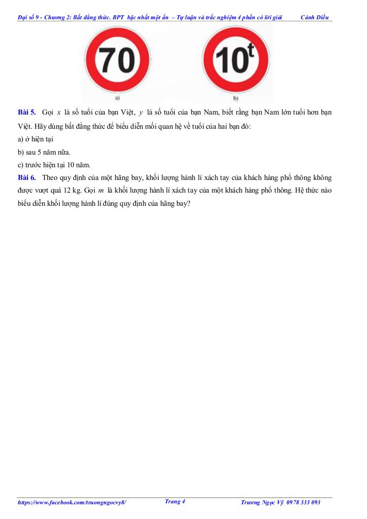 tự luận và trắc nghiệm bất đẳng thức, bất phương trình bậc nhất một ẩn toán 9 cánh diều 3