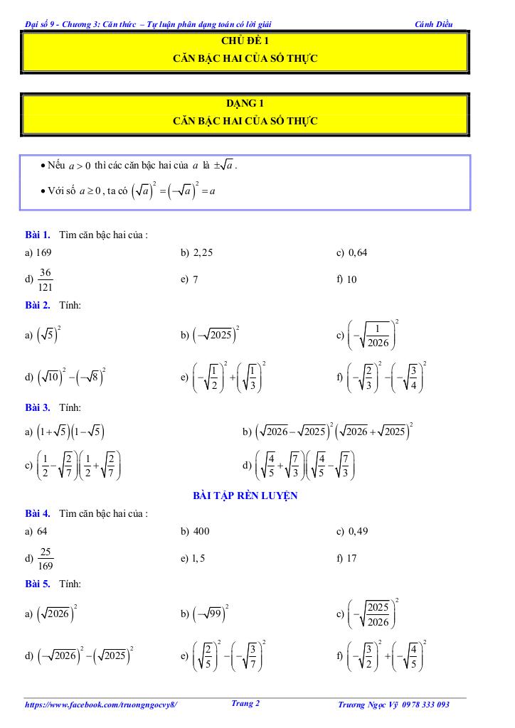 tự luận và trắc nghiệm căn thức toán 9 cánh diều 1
